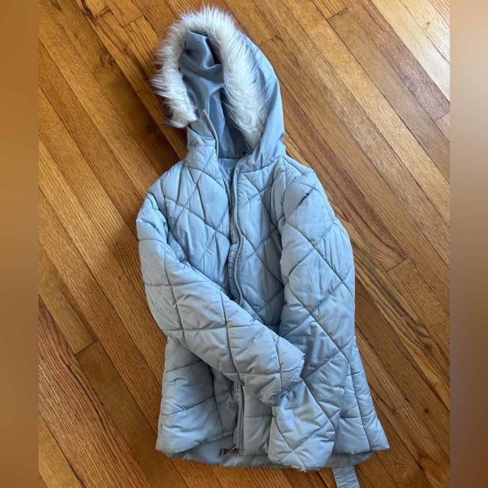Light Blue Quilted Hooded Jacket with Faux Fur Trim sz Small 7/8